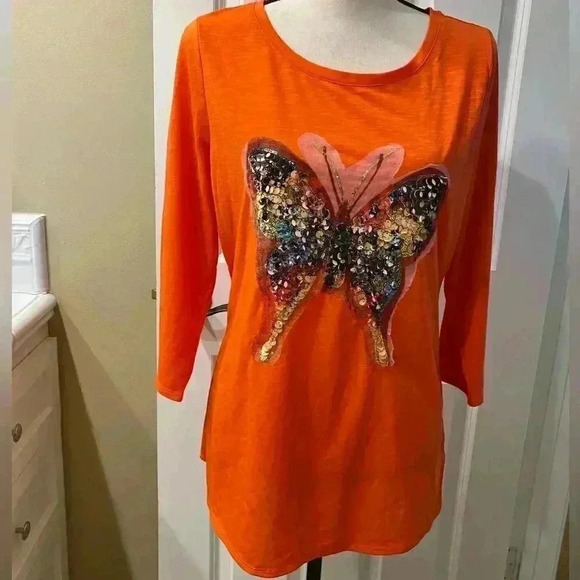 Women's Butterfly Sequin Shimmer Decorative Two-Third Sleeve Poly Large - Picture 1 of 11